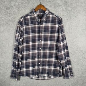 Huckberry Proof Flannel Shirt Mens L Navy Blue Gray Plaid Button Down Cotton